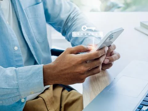 Two factor authentication or 2FA concept. Virtual key icon while access on ph Stock Photos