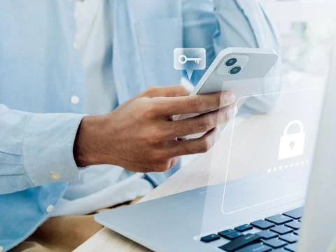 Two factor authentication or 2FA concept. Virtual key icon while access on ph Stock Photos