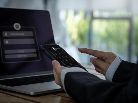 Two factor authentication or 2FA and cyber security concept. Lock icon and nu Foto stock