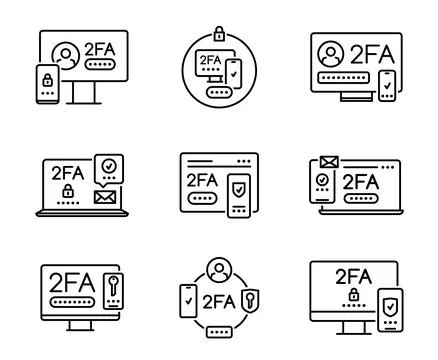Two factor verification, 2FA outline icons Stock Illustration
