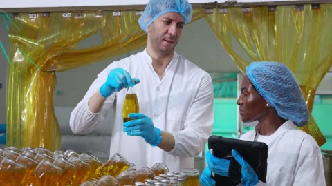 Two factory engineer inspect quality control glass bottles filled with frui.. Stock Footage 337755480