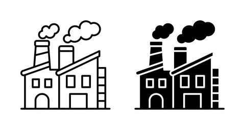 Two Factory Illustrations Featuring Smoke Stacks and Simple Design Elements Stock Illustration