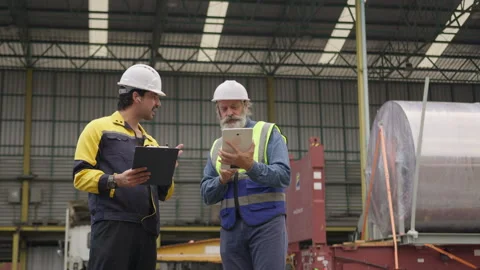 Two factory workers inspecting cargo data on a tablet in a warehouse Stock Footage 333778857