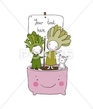 Two fairies succulent, cat and pot Stock Illustration
