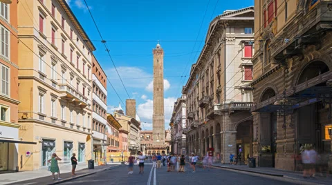 Two famous falling towers Asinelli and Garisenda, Bologna, Emilia-Romagna, Italy Stock Footage 66552391