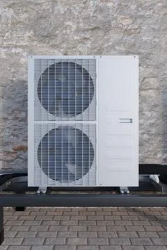 Two-fan air conditioner unit on a gray background 3d Stock Photos