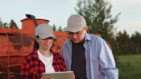 Two farmer tablet farming, conversation field team, group transaction teamwork Stock Footage 244309236