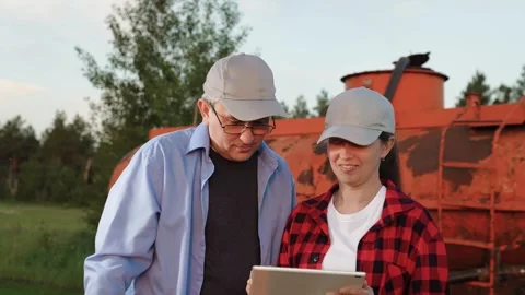 Two farmer tablet farming, conversation field team, group transaction teamwork Stock Footage 244797851