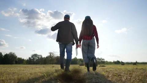 Two farmers walk through field with tablet near hay bales. Man and woman walk Stock Footage 342605518