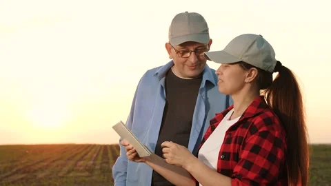 Two farmers working tablets, field group conversations, group transactional Stock Footage 245038976