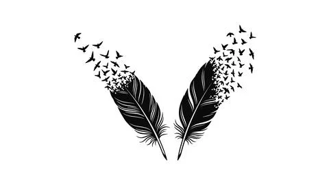 Two feathers dissolving into flying birds, black ink illustration on white .. Stockillustratie
