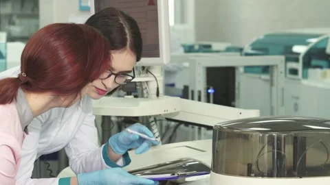 Two female biologists collaborating on experiments in a modern lab Stock Footage 311655311