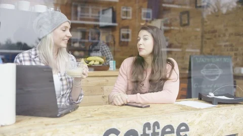Two female business executives using laptop and talking in coffee shop Stock Footage 108001373