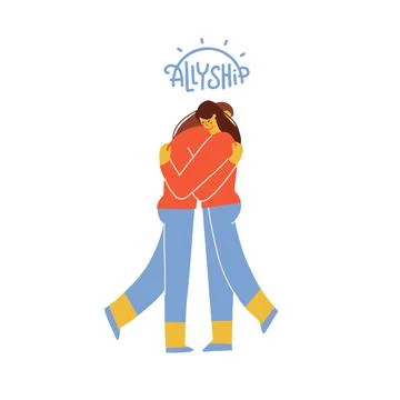 Two female characters hugging each other, provides support. Allyship, friendship Stock Illustration