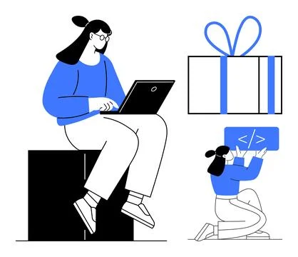 Two female coders working with laptops, one sitting on a large block and the  Illustrazione stock