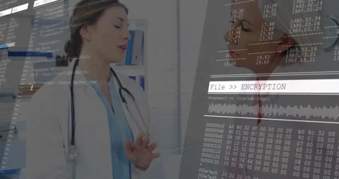 Two female doctors standing in office, showing animated encryption code and data Stock Footage 307468085