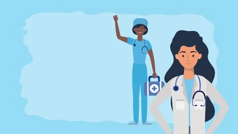 Two female doctors with stethoscopes and medical bag standing side-by-side .. Stock Footage 339206962