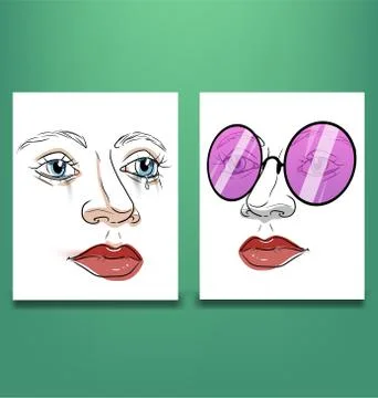 Two female faces with different mood Stock Illustration