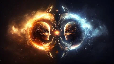 Two female faces looking at each other in space. Stock Illustration