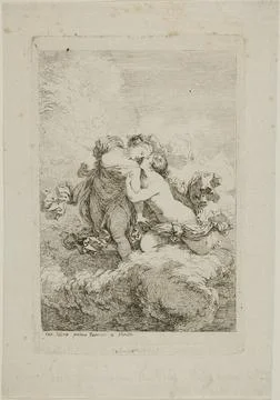 Two Female Figures on a Cloud Made 1763 1764 France. Etching on ivory laid... Stock Photos