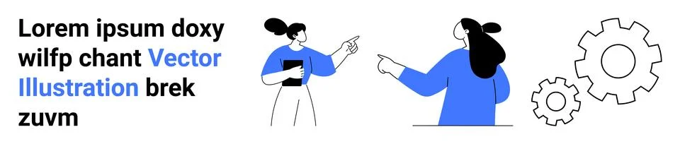 Two Female Figures Discuss a Document with Gears in the Background Stock Illustration