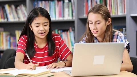 Two Female High School Students Working At Laptop In Library Stock Footage 95038108