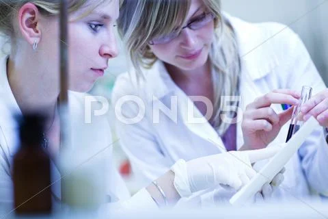 Two female researchers carrying out research in a chemistry lab Stock Photos