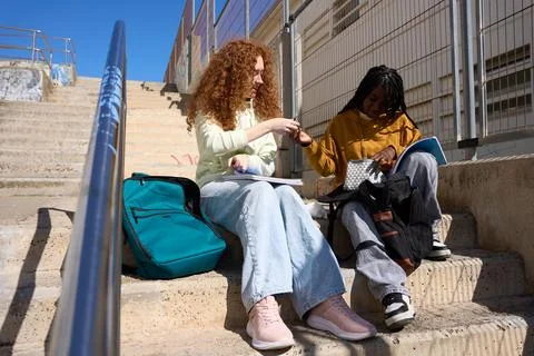 Two female students sharing notes on school steps Stock Photos