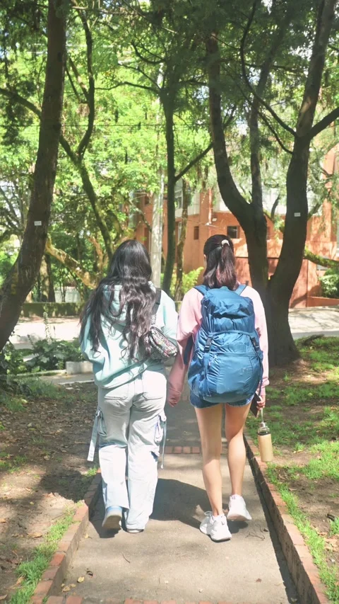 Two Female Students Walking Together on a Green Path With Backpacks and Wat.. 動画素材 332944995