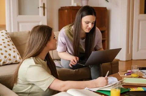 Two female students Working on Laptops and Notebooks at Home Stock Photos