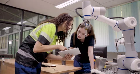 Two female technicians adult working together during robotics training session Stock Footage 326580717