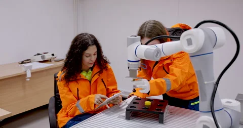 Two female technicians interacting with robotic arm during practical assembly Stock Footage 319475518