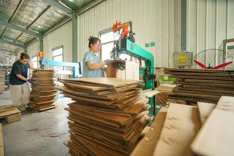 Two Female Workers Operating Stitching Machine to Process Corrugated Carton.. Stock Photos