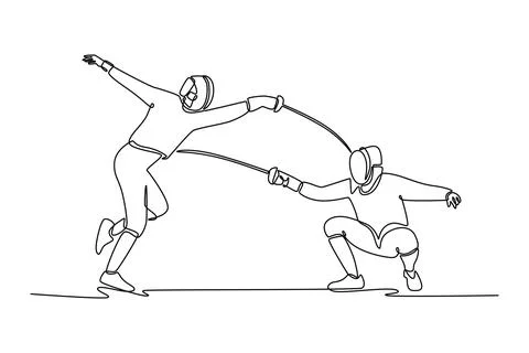 Two fencers mid-duel, representing aggressive attack and poised Stock Illustration