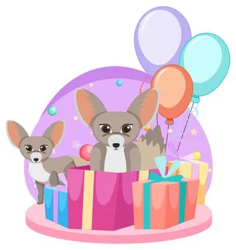 Two fennec foxes with gift boxes and balloons Stock Illustration