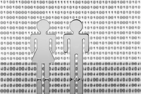Two figures in front of binary code 스톡 일러스트
