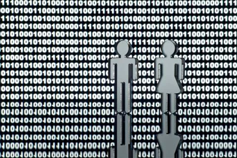 Two figures in front of binary code Stockillustratie