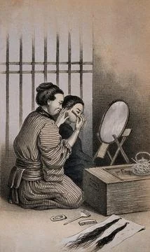 Two figures kneeling before a mirror; one shaves the face of the other. Lit.. Stock Illustration