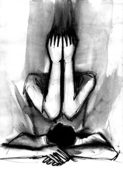 Two figures, one covering face, second with head down Ilustración de archivo