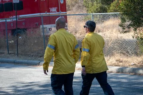 Two firefighter supervisors arrive at the scene of a brush fire. Foto stock