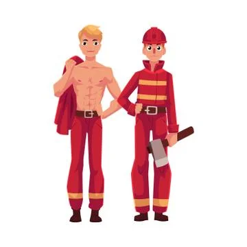 Two firefighters, firemen, one at work, another with naked torso Stock Illustration