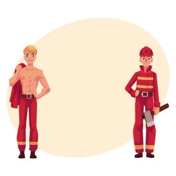 Two firefighters, firemen, one at work, another with naked torso Stock Illustration