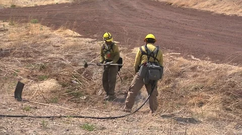 Two Firefighters spraying dry grass Stock Footage 40752860