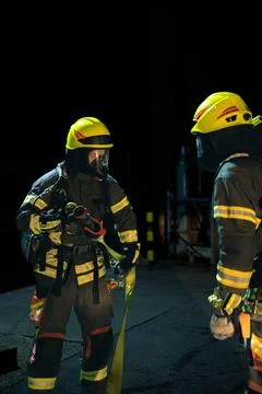 Two firefighters talking Stock Photos