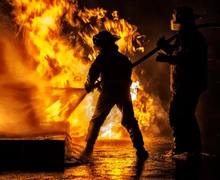 Two firemen hosing down a fire during a firefighting training exercise Stock Photos