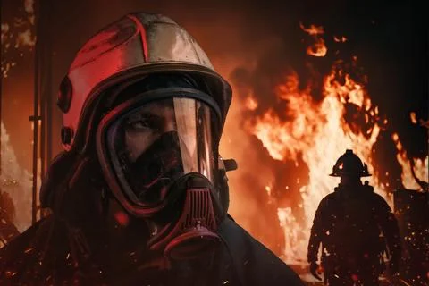 Two firemen working together putting out fire in burning building Fotos de archivo