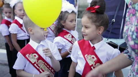 Two first grader smile. School. 1 September. Stock Footage 67595913