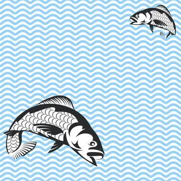 Two fish on a background of blue waves Stock Illustration