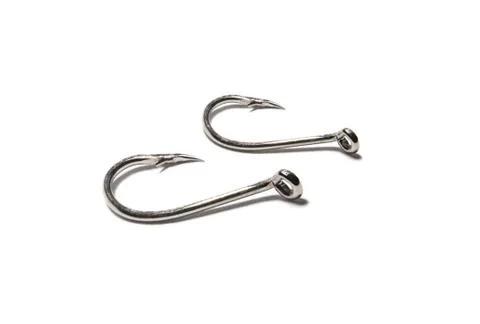 Two fish hooks isolated on white background Stock Photos