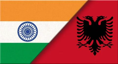 Two Flag Together on Fabric Texture. Indian and Albanian flag in one. Stock Illustration
